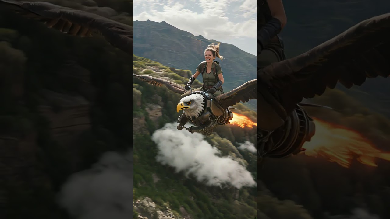 Young female explorer, piloting a rugged but powerful mechanical eagle.